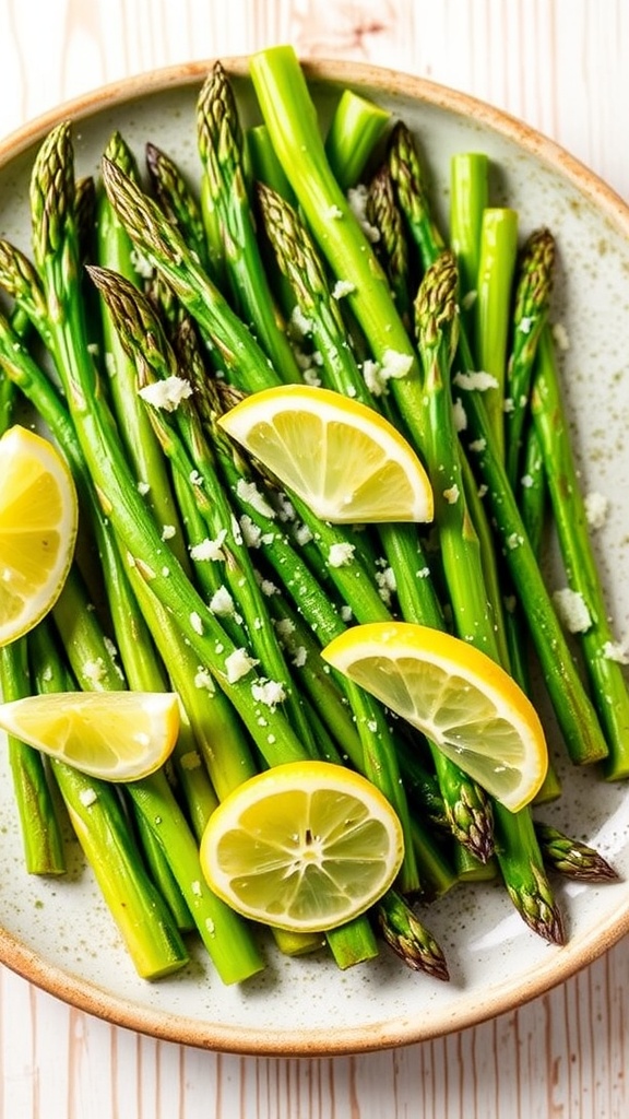 Crispy air fryer asparagus garnished with lemon and Parmesan cheese on a rustic plate.
